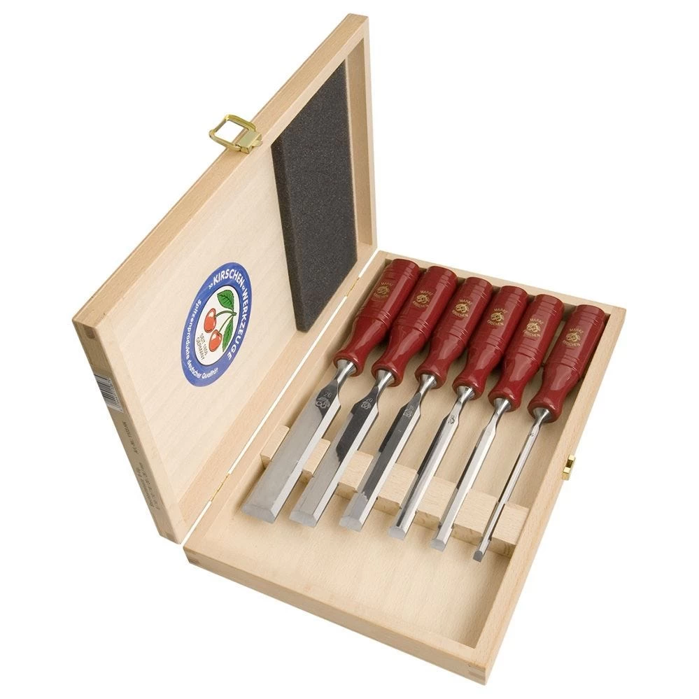 Two Cherries - Set Of Six Bevel Edge Chisels With Plastic Handles In Wooden Box 3 Two Cherries - Set Of Six Bevel Edge Chisels With Plastic Handles In Wooden Box